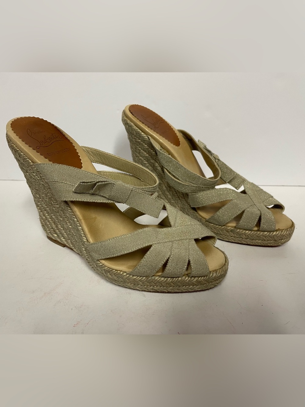 Christian Louboutin Natural shimmer Espadrille Wedge Sandals 38